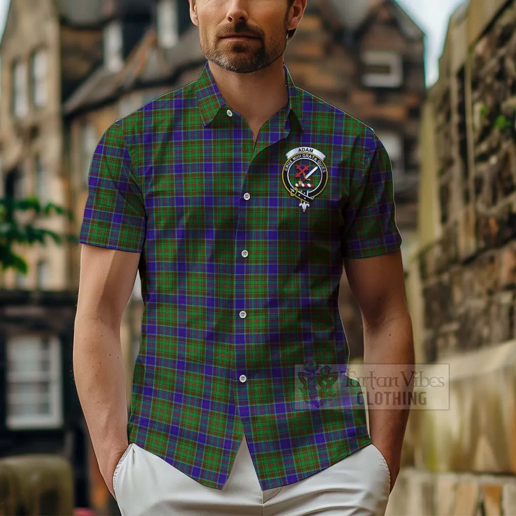 Adam Tartan Short Sleeve Button Shirt with Family Crest Celtic Skull Style