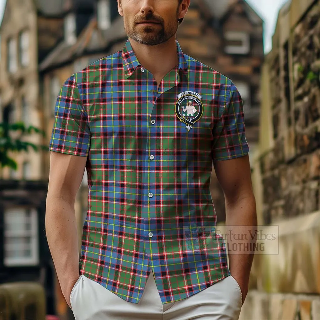 Aikenhead Tartan Short Sleeve Button Shirt with Family Crest and Bearded Skull Holding Bottles of Whiskey