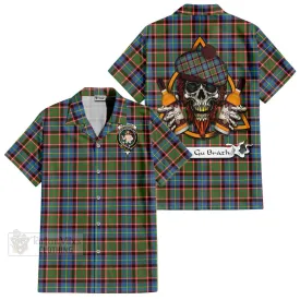 Aikenhead Tartan Short Sleeve Button Shirt with Family Crest and Bearded Skull Holding Bottles of Whiskey