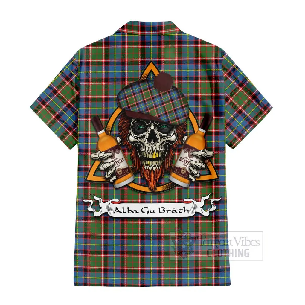 Aikenhead Tartan Short Sleeve Button Shirt with Family Crest and Bearded Skull Holding Bottles of Whiskey