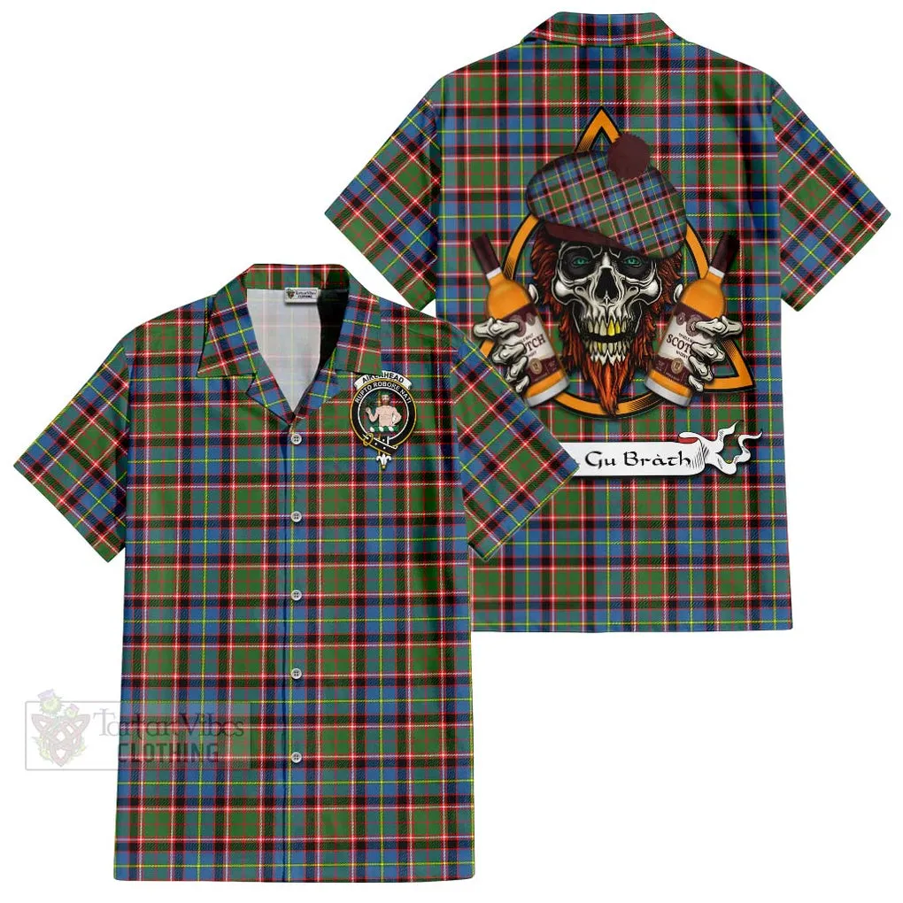 Aikenhead Tartan Short Sleeve Button Shirt with Family Crest and Bearded Skull Holding Bottles of Whiskey