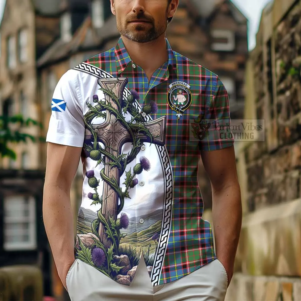 Aikenhead Tartan Short Sleeve Button Shirt with Family Crest and St. Andrew's Cross Accented by Thistle Vines