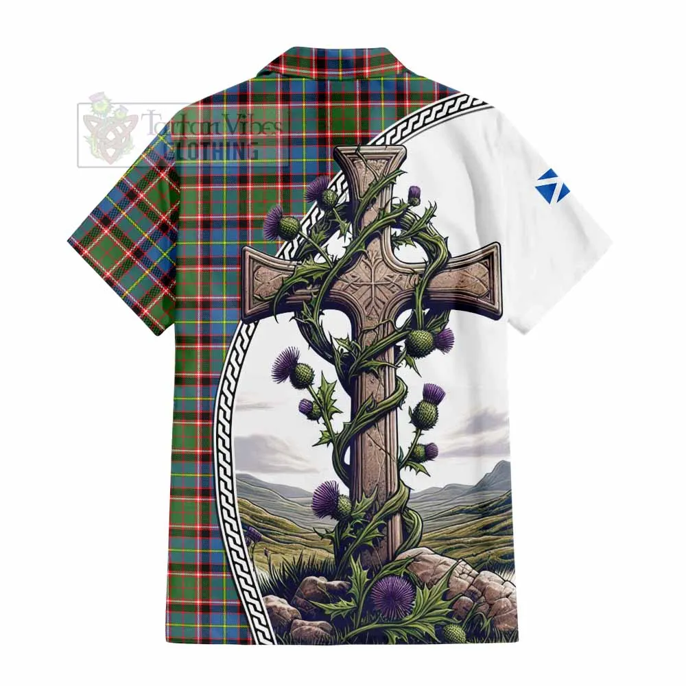 Aikenhead Tartan Short Sleeve Button Shirt with Family Crest and St. Andrew's Cross Accented by Thistle Vines