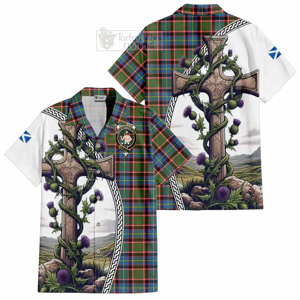Aikenhead Tartan Short Sleeve Button Shirt with Family Crest and St. Andrew's Cross Accented by Thistle Vines