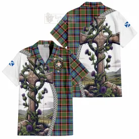 Aikenhead Tartan Short Sleeve Button Shirt with Family Crest and St. Andrew's Cross Accented by Thistle Vines