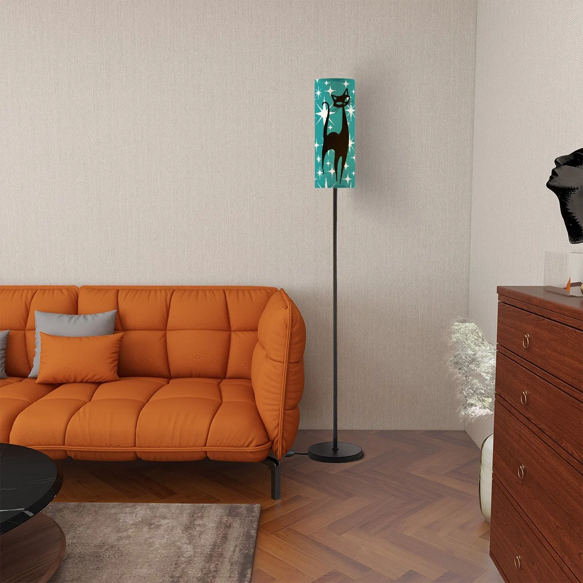 Atomic Starburst Teal Floor Lamp With Atomic Cat 50s Motif Torchiere Modern Standing Lamp