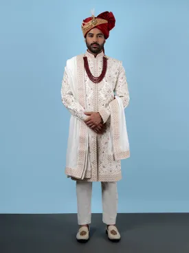 Cream & Red Sherwani | Azania