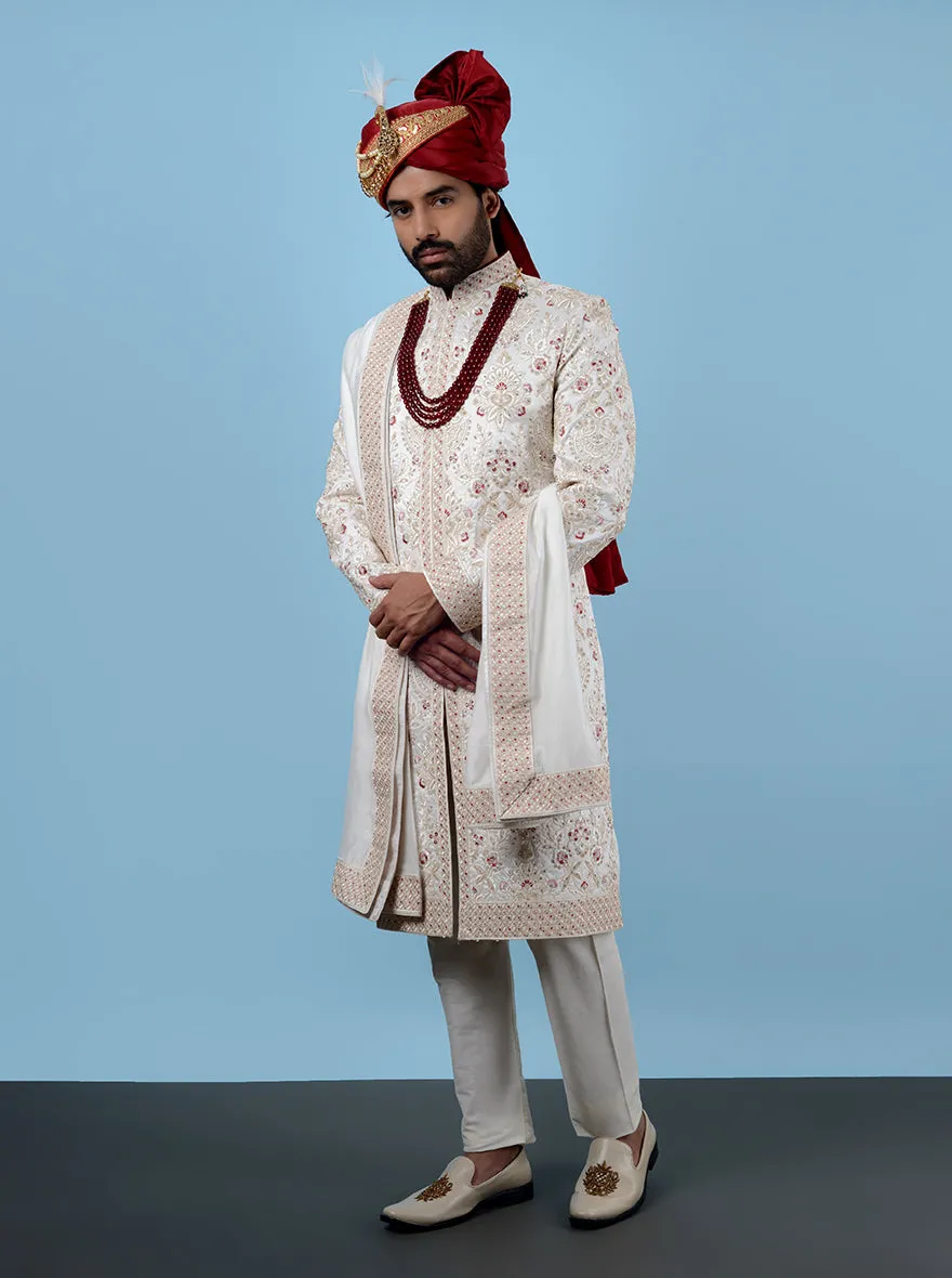 Cream & Red Sherwani | Azania