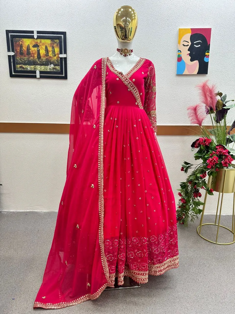 Pink Anarkali Gown in Georgette with Embroidery Sequence Work