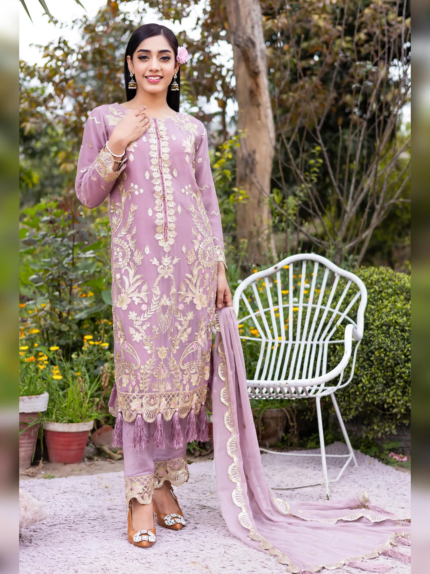 Rangz Mauve Embroidered Chiffon 3-Piece Suit