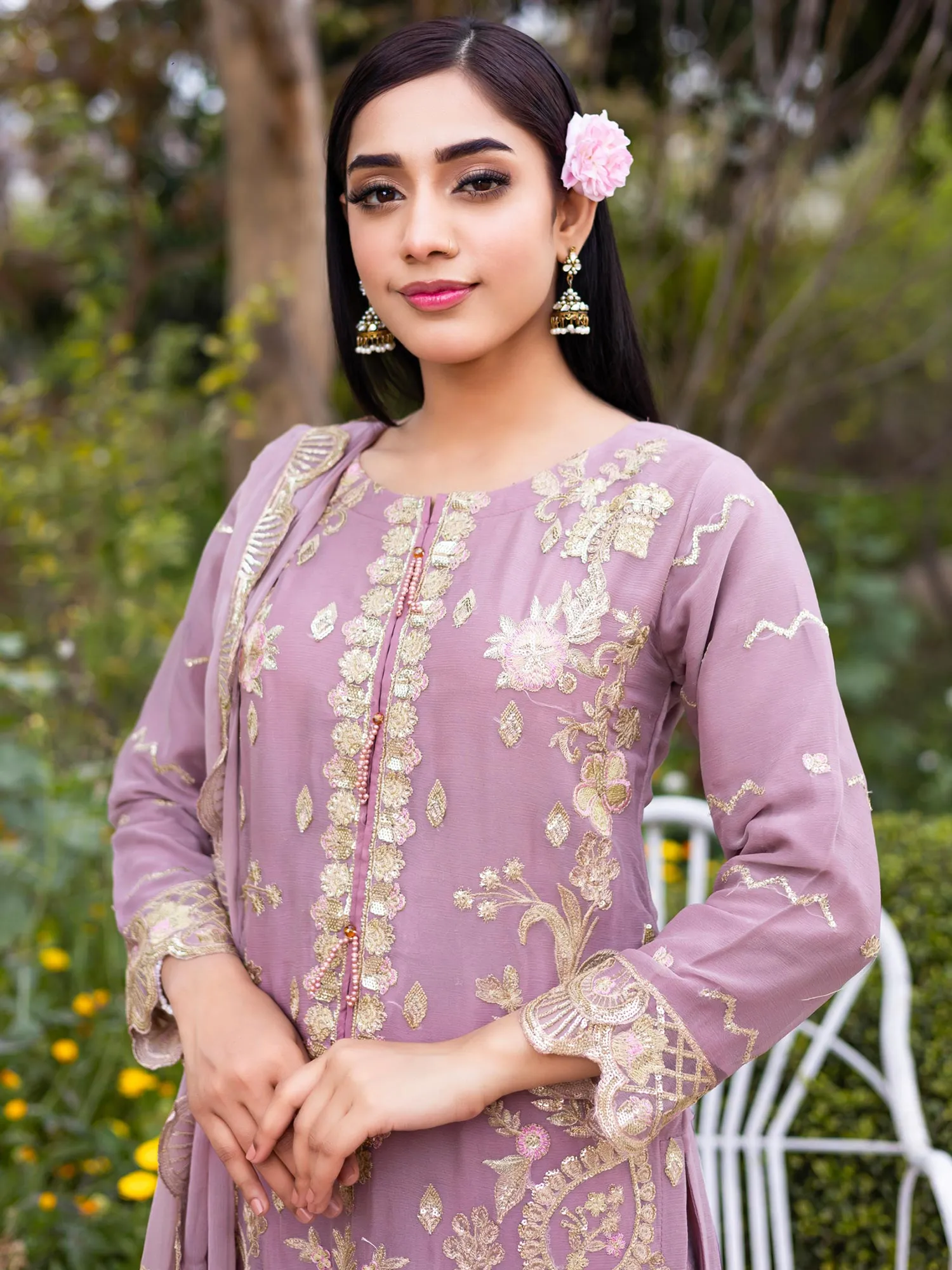 Rangz Mauve Embroidered Chiffon 3-Piece Suit