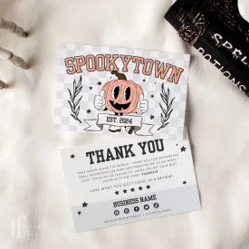 Retro Varsity Pumpkin Mascot Halloween Business Thank You Card Canva Template