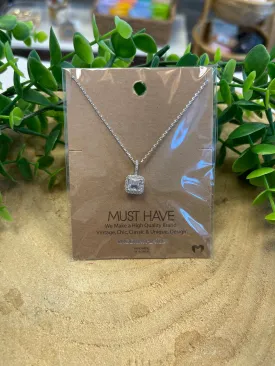 Silver Square Rhinestone Pendant Necklace