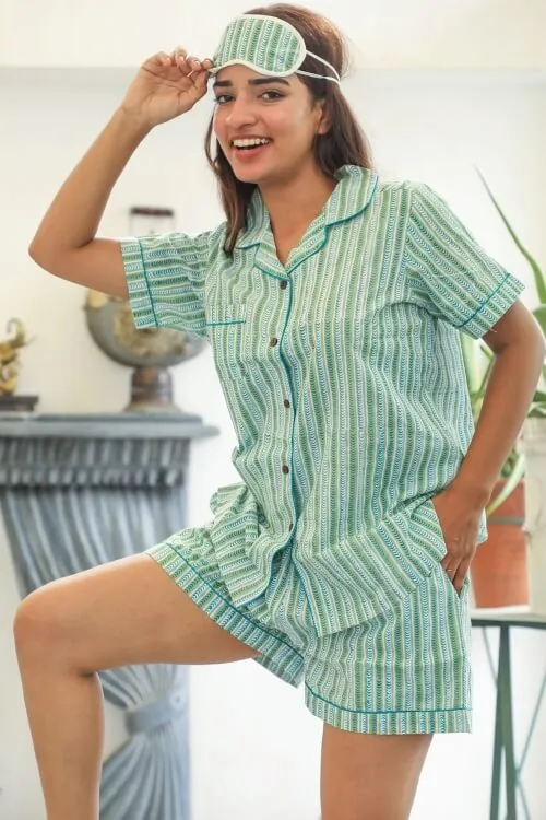 Sootisyahi 'Firm Mint' Handblock Printed Cotton Night Suit