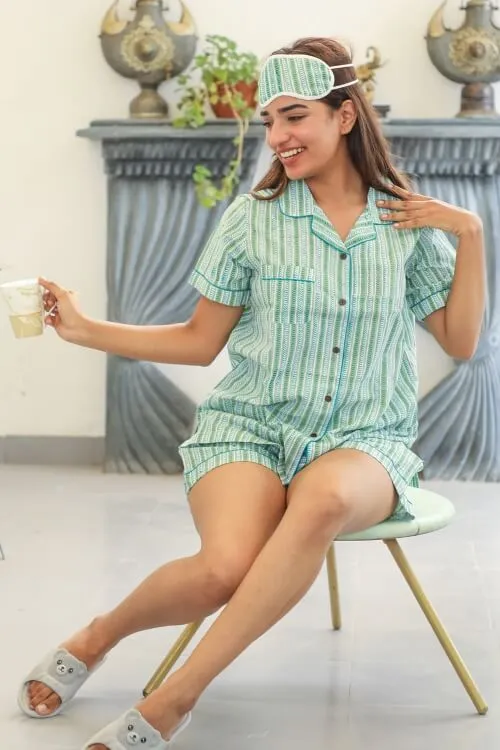 Sootisyahi 'Firm Mint' Handblock Printed Cotton Night Suit
