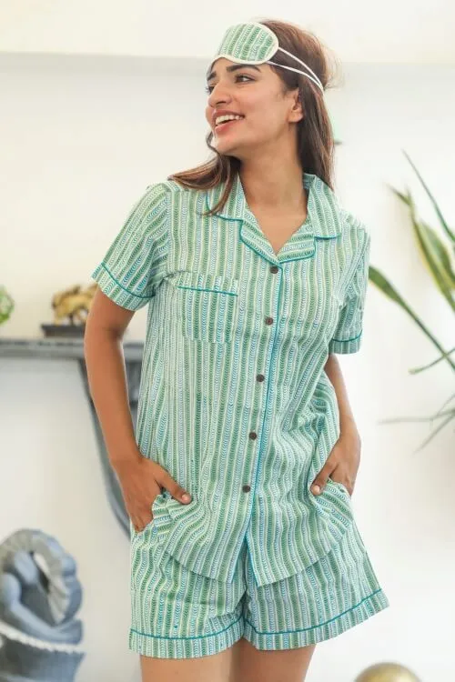 Sootisyahi 'Firm Mint' Handblock Printed Cotton Night Suit