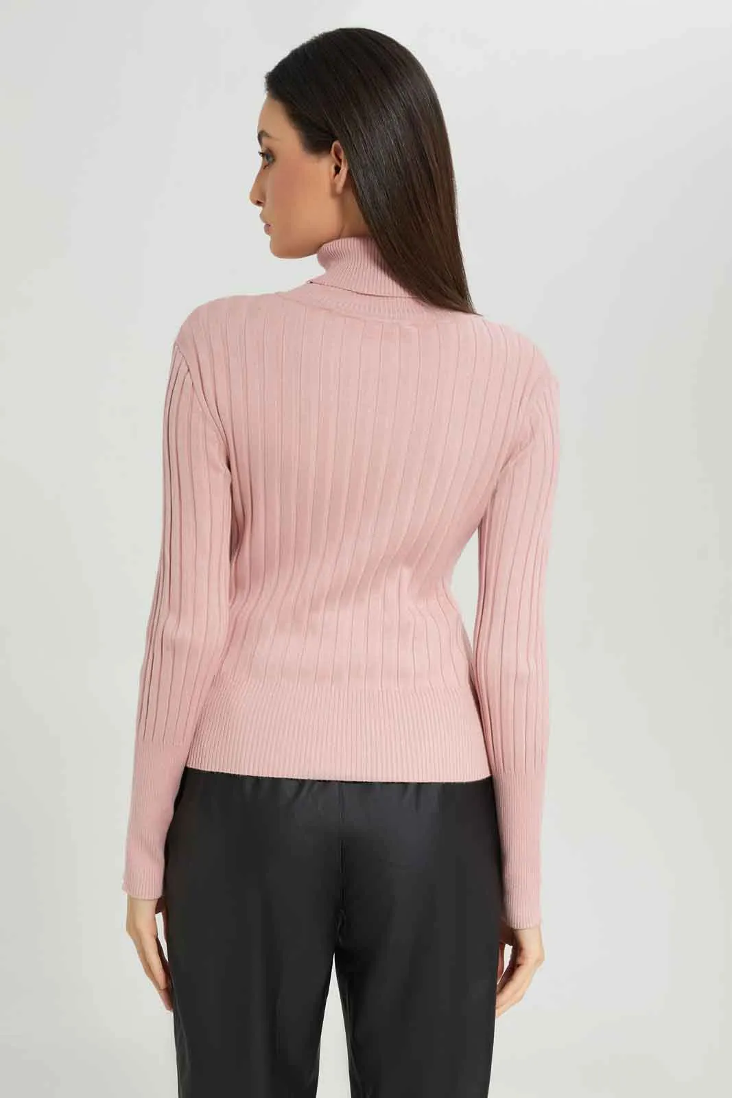 Women Pink Ribbed High-Neck Pullover