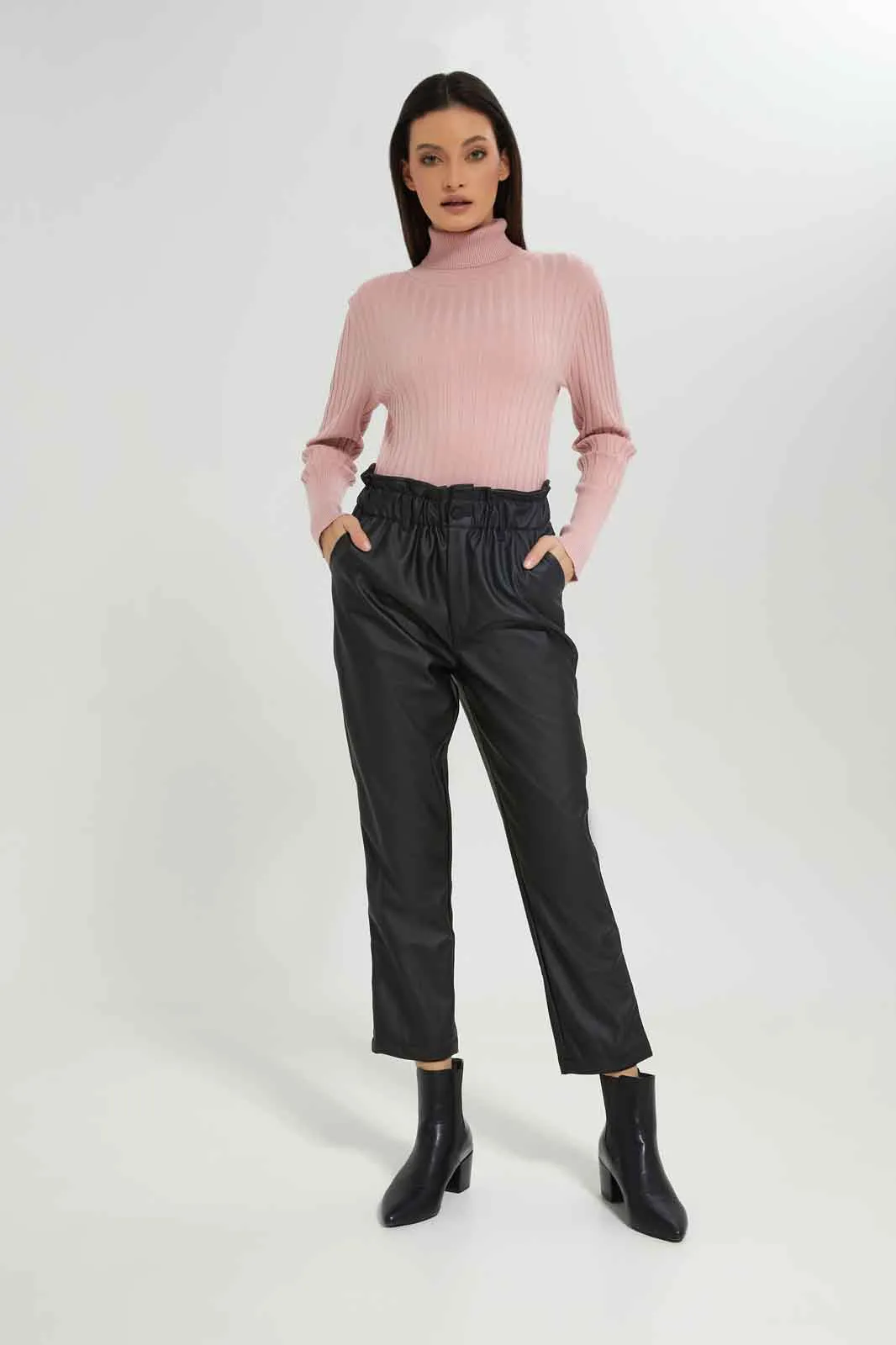 Women Pink Ribbed High-Neck Pullover