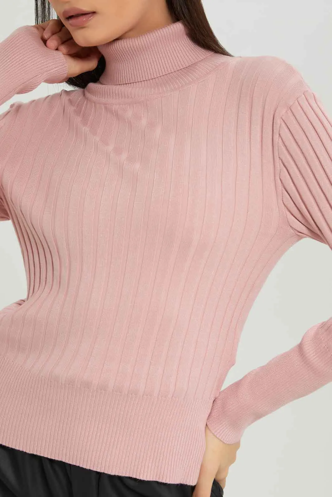 Women Pink Ribbed High-Neck Pullover